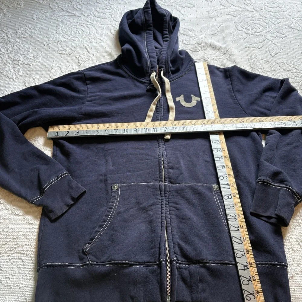 True Religion Jacket Big Back‎ Spell Out Front Emblem Hooded Navy Blue Sz L